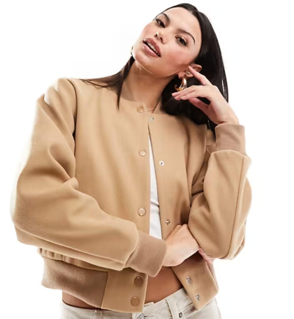 Hollister Cropped Wool Varsity Bomber Jacket in Tan Camel Sz XL Academia Sporty